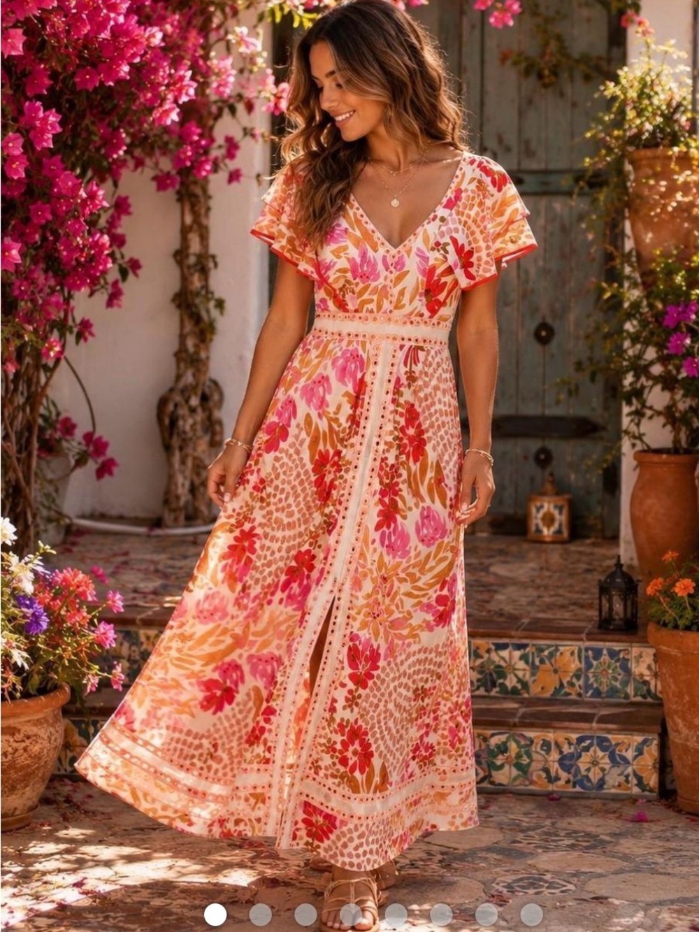 Swoon Boutique Pink and Orange Floral V-Neck Maxi Dress